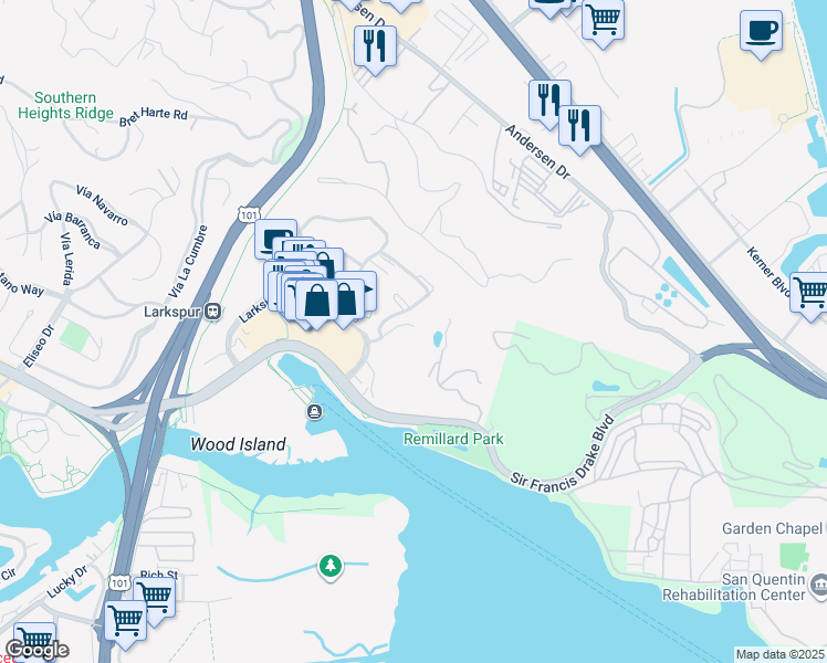 map of restaurants, bars, coffee shops, grocery stores, and more near 16 Drake's Way in Larkspur