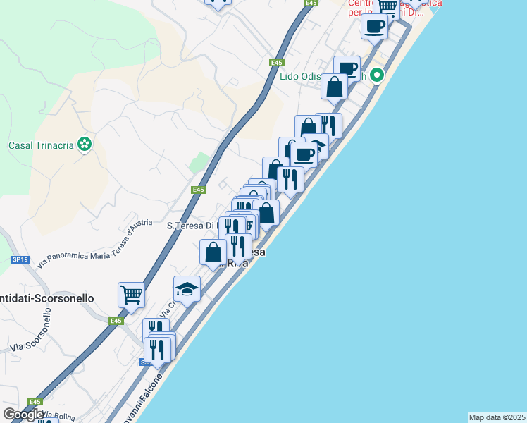 map of restaurants, bars, coffee shops, grocery stores, and more near 135 Via Regina Margherita in Santa Teresa di Riva