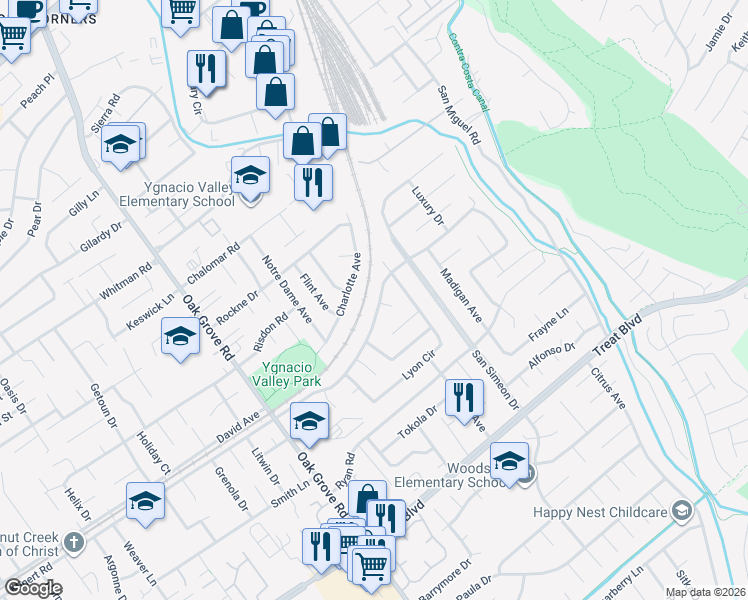 map of restaurants, bars, coffee shops, grocery stores, and more near 2725 Minert Road in Concord