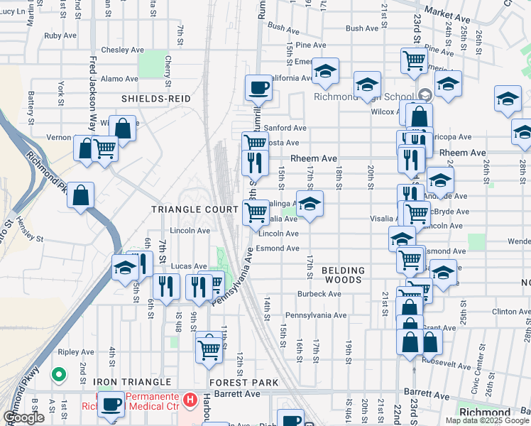 map of restaurants, bars, coffee shops, grocery stores, and more near 1331 Visalia Avenue in Richmond