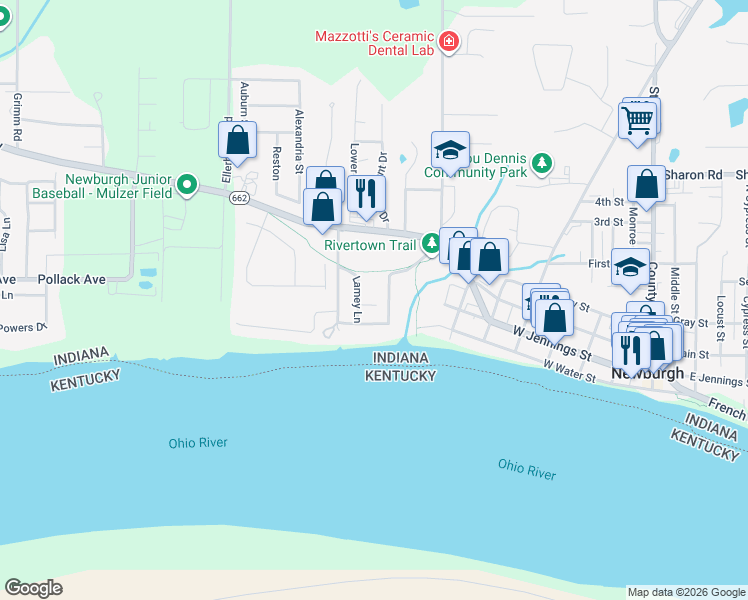 map of restaurants, bars, coffee shops, grocery stores, and more near 1012 Steamboat Run in Newburgh