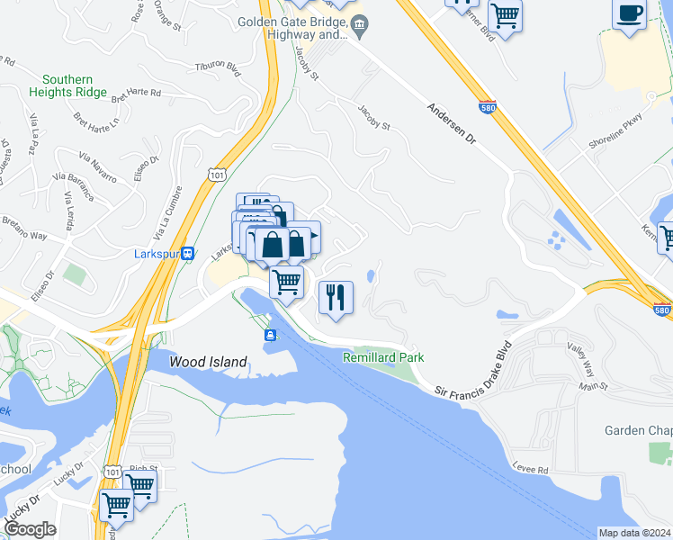 map of restaurants, bars, coffee shops, grocery stores, and more near 2 Drake's Way in Larkspur