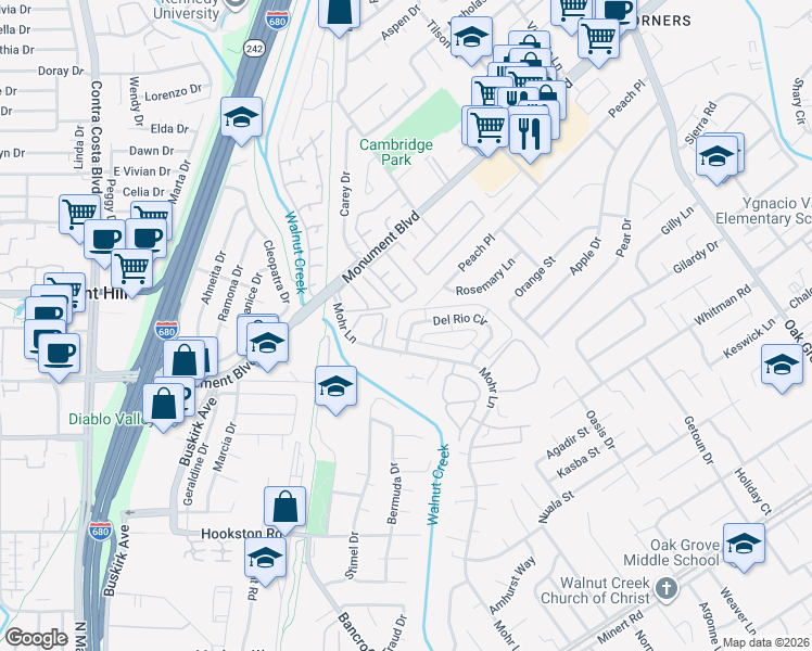 map of restaurants, bars, coffee shops, grocery stores, and more near 1380 Del Rio Circle in Concord
