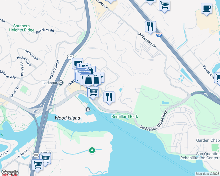 map of restaurants, bars, coffee shops, grocery stores, and more near 4 Drake's Way in Larkspur