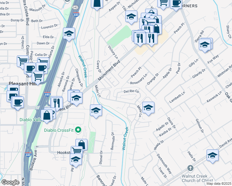 map of restaurants, bars, coffee shops, grocery stores, and more near 1369 Del Rio Circle in Concord
