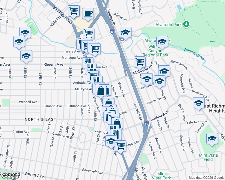 map of restaurants, bars, coffee shops, grocery stores, and more near 953 Lassen Street in Richmond