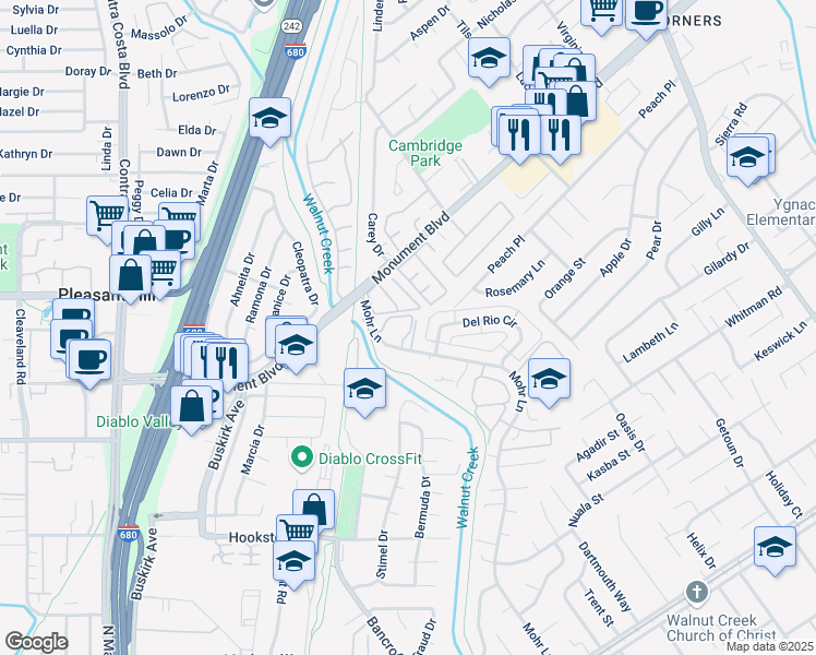 map of restaurants, bars, coffee shops, grocery stores, and more near 1080 Mohr Lane in Concord