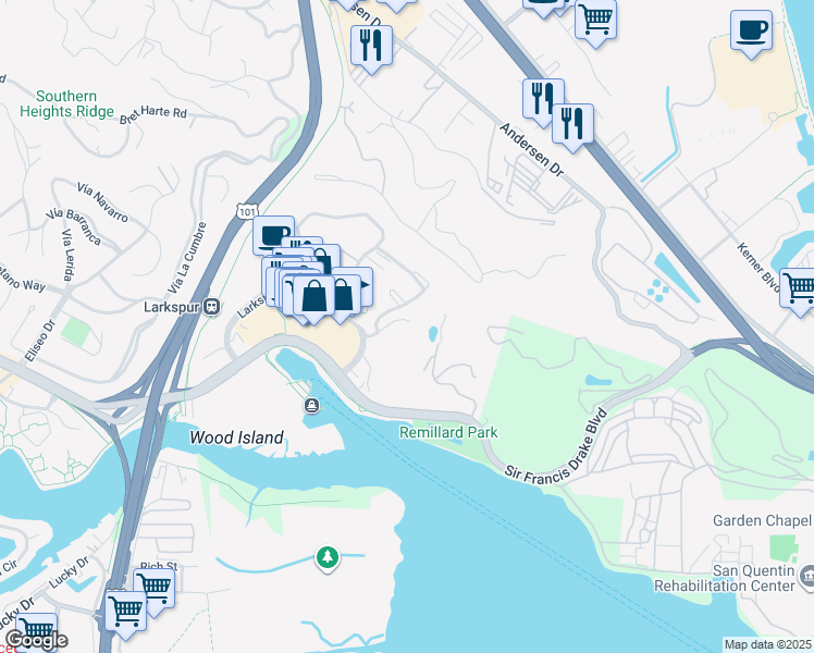 map of restaurants, bars, coffee shops, grocery stores, and more near 14 Drake's Way in Larkspur