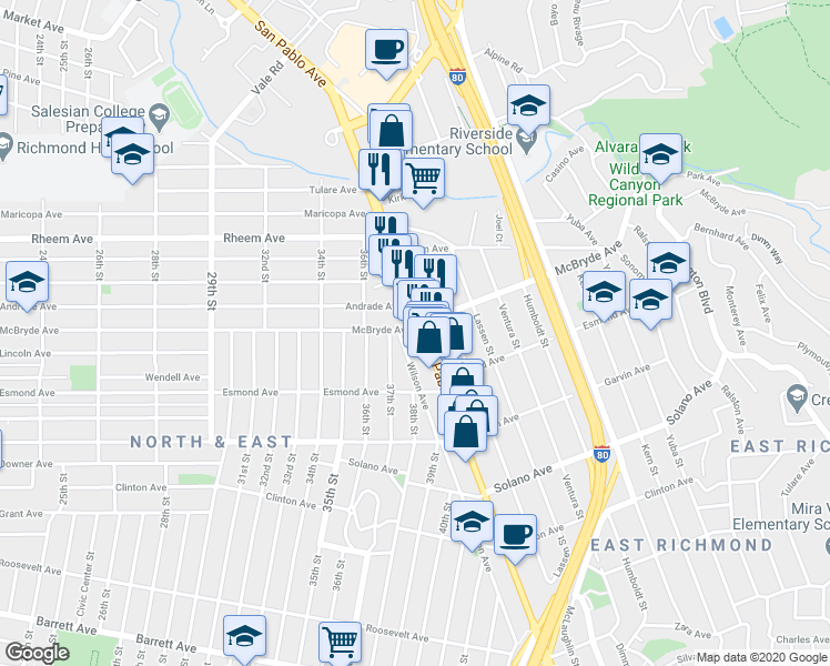 map of restaurants, bars, coffee shops, grocery stores, and more near 3824 McBryde Avenue in Richmond