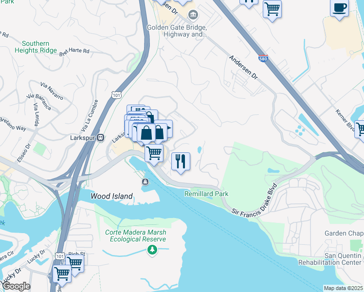 map of restaurants, bars, coffee shops, grocery stores, and more near 4 Drake's Way in Larkspur