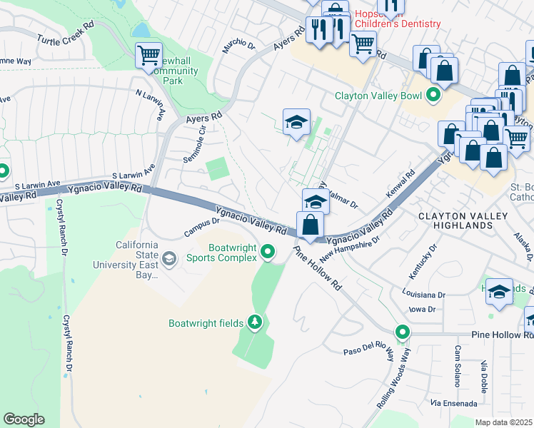 map of restaurants, bars, coffee shops, grocery stores, and more near 5146 Red Oak Drive in Concord