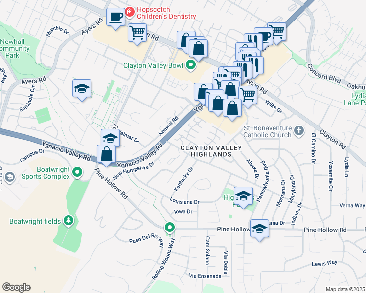 map of restaurants, bars, coffee shops, grocery stores, and more near 5442 Michigan Boulevard in Concord