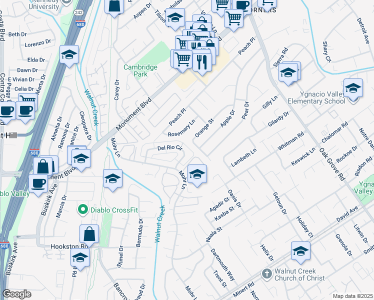map of restaurants, bars, coffee shops, grocery stores, and more near 1477 Del Rio Circle in Concord