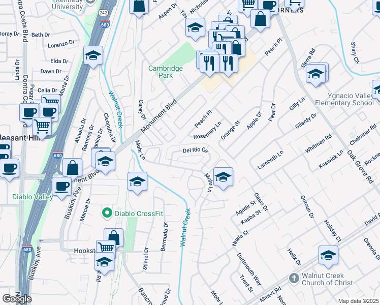 map of restaurants, bars, coffee shops, grocery stores, and more near 1428 Del Rio Circle in Concord
