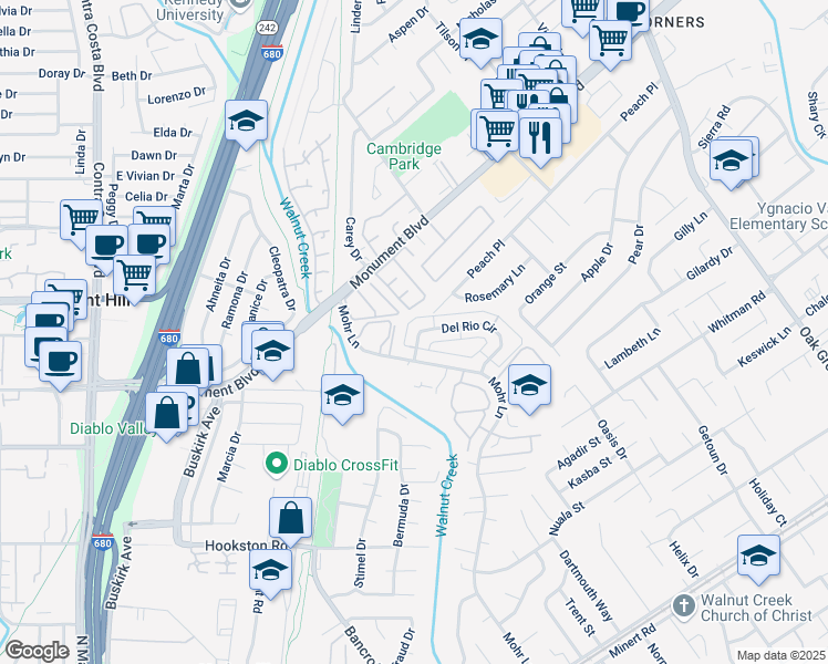 map of restaurants, bars, coffee shops, grocery stores, and more near 1380 Del Rio Circle in Concord