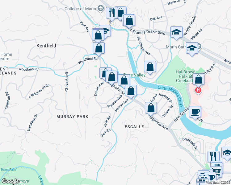 map of restaurants, bars, coffee shops, grocery stores, and more near 1111 Magnolia Avenue in Larkspur