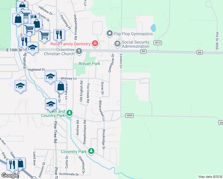 map of restaurants, bars, coffee shops, grocery stores, and more near 400 Greenbriar Drive in Rolla