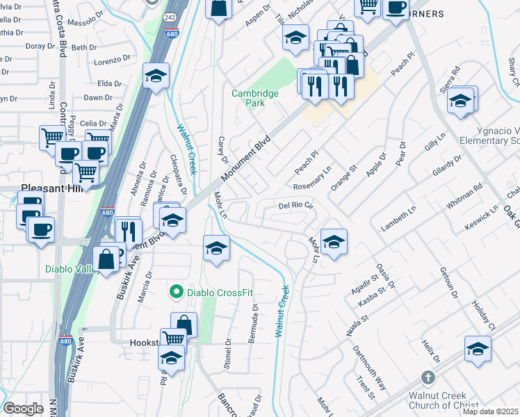 map of restaurants, bars, coffee shops, grocery stores, and more near 1369 Del Rio Circle in Concord