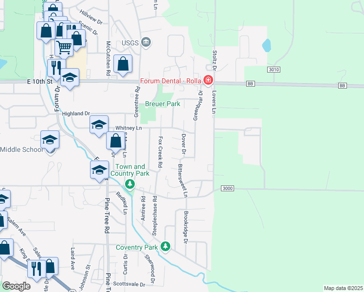 map of restaurants, bars, coffee shops, grocery stores, and more near 401 Dover Drive in Rolla
