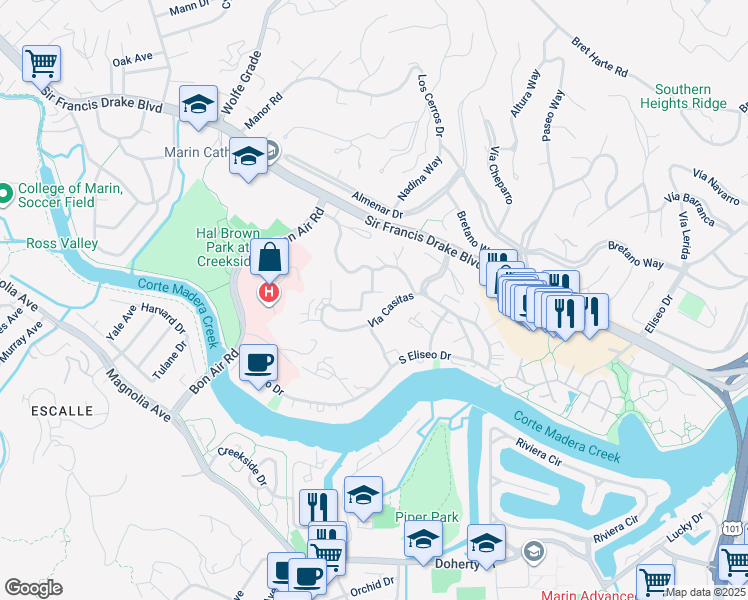 map of restaurants, bars, coffee shops, grocery stores, and more near 911 Vía Casitas in Larkspur