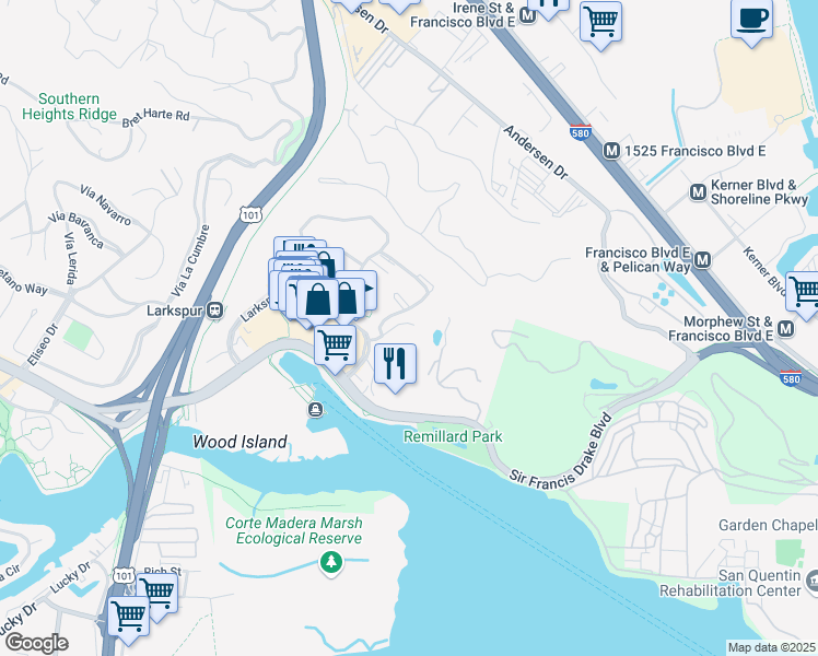 map of restaurants, bars, coffee shops, grocery stores, and more near 12 Drake's Way in Larkspur