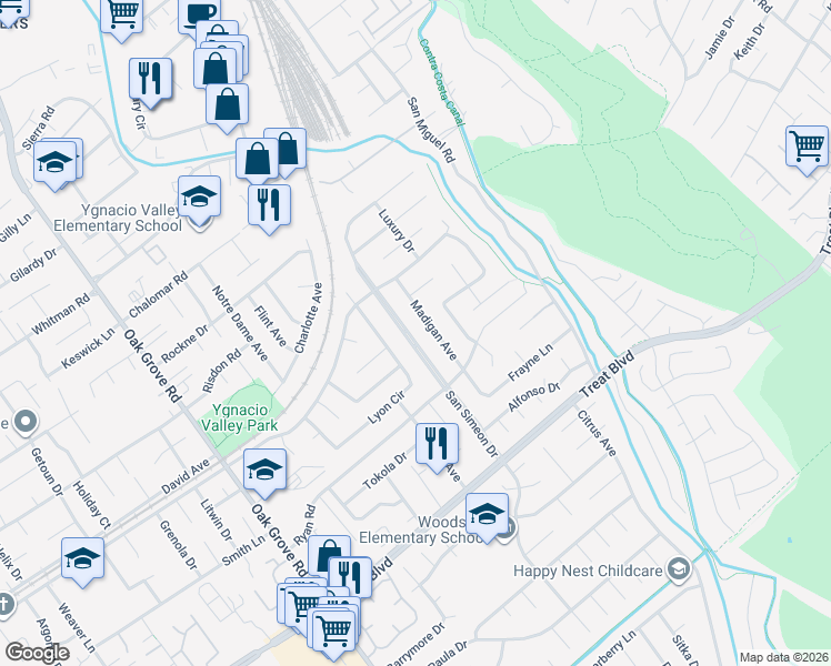 map of restaurants, bars, coffee shops, grocery stores, and more near 872 San Simeon Drive in Concord