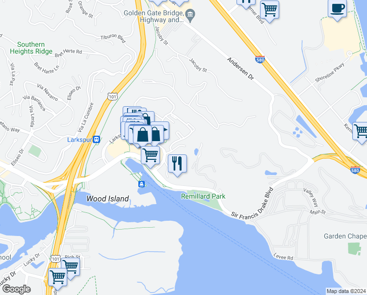 map of restaurants, bars, coffee shops, grocery stores, and more near 12 Drake's Way in Larkspur