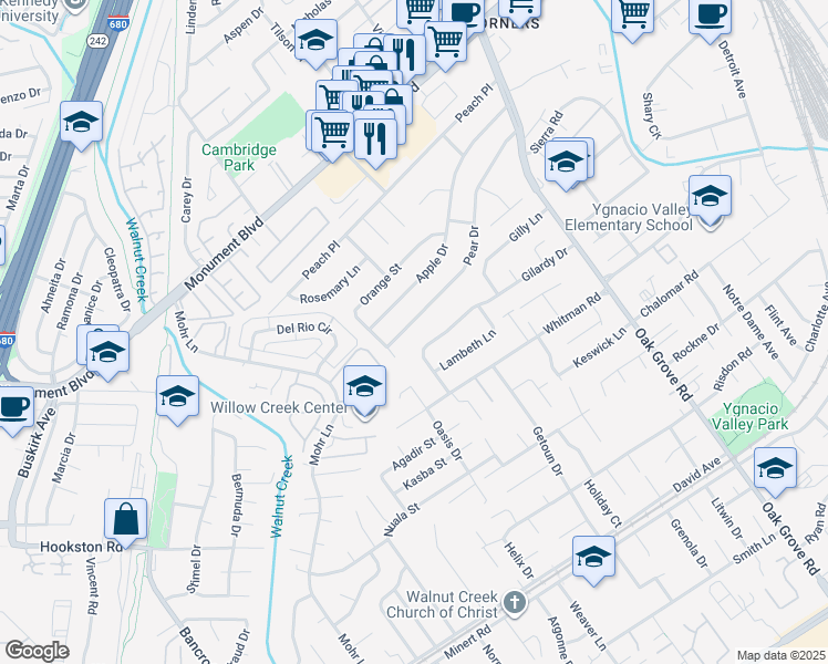 map of restaurants, bars, coffee shops, grocery stores, and more near 1280 Pear Drive in Concord