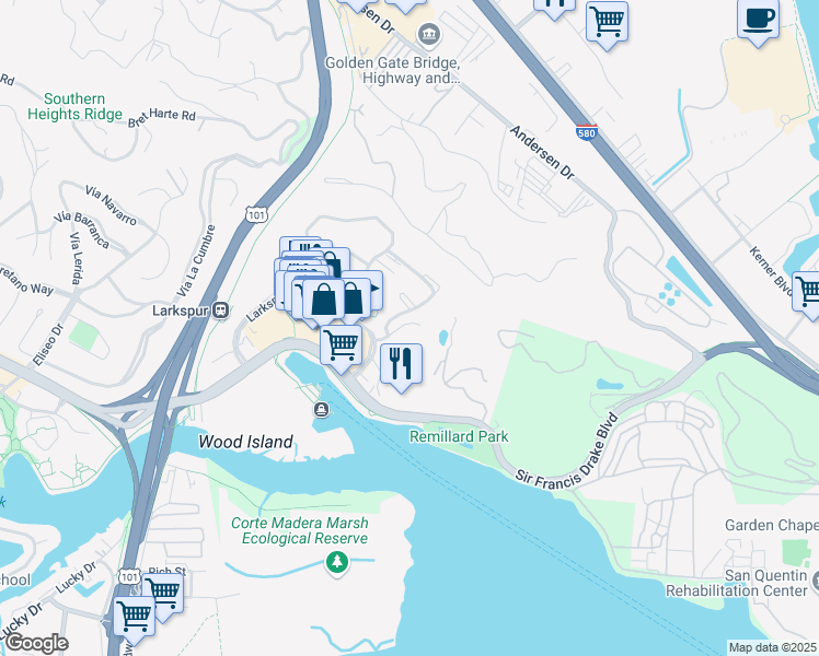 map of restaurants, bars, coffee shops, grocery stores, and more near 8 Drake's Way in Larkspur