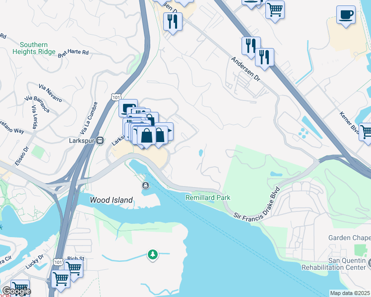 map of restaurants, bars, coffee shops, grocery stores, and more near 8 Drake's Way in Larkspur