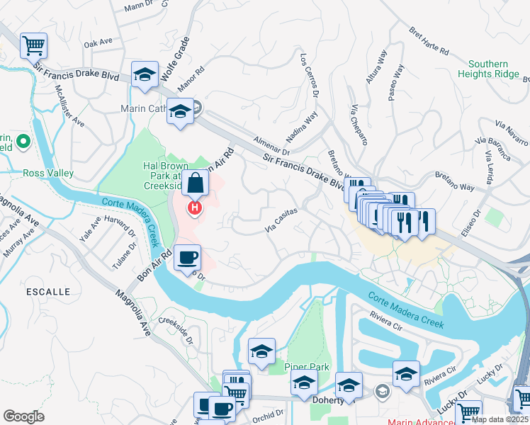 map of restaurants, bars, coffee shops, grocery stores, and more near 902 Vía Casitas in Larkspur