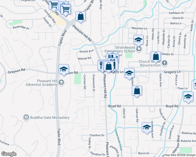 map of restaurants, bars, coffee shops, grocery stores, and more near 427 Kingsley Court in Pleasant Hill