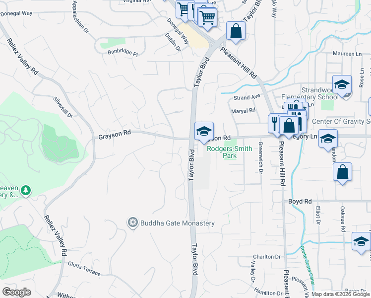 map of restaurants, bars, coffee shops, grocery stores, and more near 28 Driftwood Court in Pleasant Hill