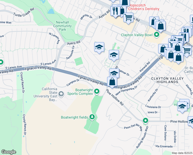 map of restaurants, bars, coffee shops, grocery stores, and more near 5146 Red Oak Drive in Concord