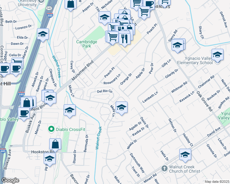 map of restaurants, bars, coffee shops, grocery stores, and more near 1477 Del Rio Circle in Concord