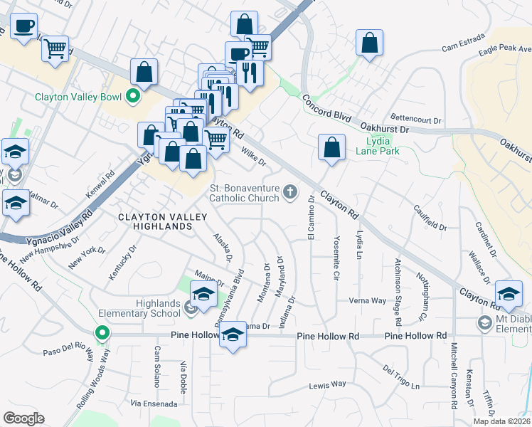 map of restaurants, bars, coffee shops, grocery stores, and more near 1413 Delaware Drive in Concord