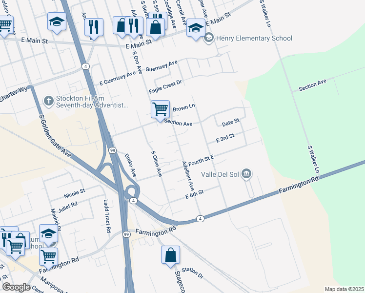 map of restaurants, bars, coffee shops, grocery stores, and more near 1764 Adelbert Avenue in Stockton