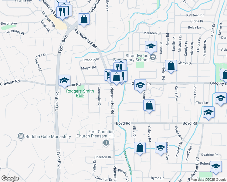 map of restaurants, bars, coffee shops, grocery stores, and more near 2340 Pleasant Hill Road in Pleasant Hill