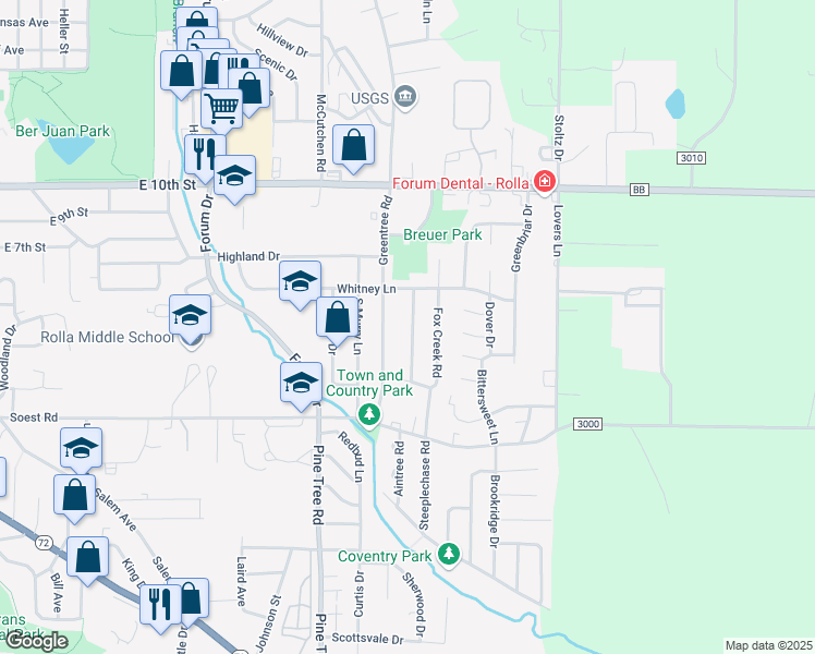 map of restaurants, bars, coffee shops, grocery stores, and more near 401 Old English Road in Rolla