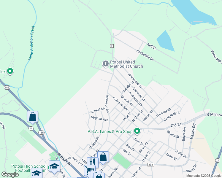 map of restaurants, bars, coffee shops, grocery stores, and more near 1105 Richeson Road in Potosi