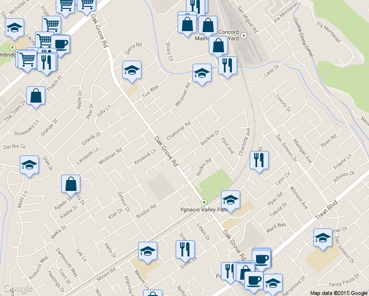 map of restaurants, bars, coffee shops, grocery stores, and more near 2054 Oak Grove Court in Concord