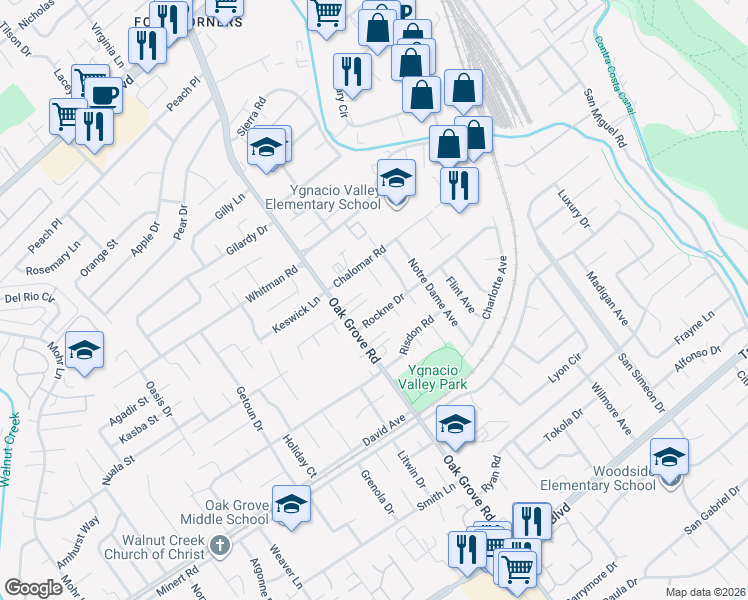 map of restaurants, bars, coffee shops, grocery stores, and more near 2054 Oak Grove Court in Concord