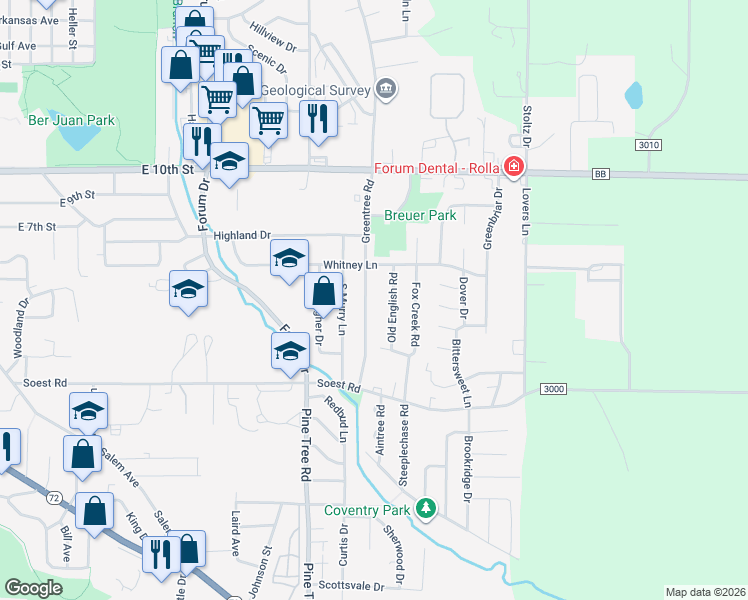 map of restaurants, bars, coffee shops, grocery stores, and more near 305 Greentree Road in Rolla