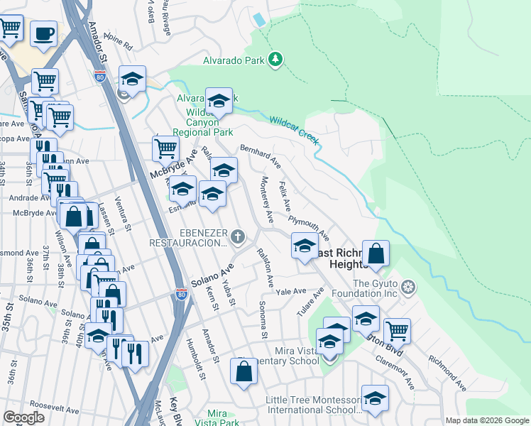 map of restaurants, bars, coffee shops, grocery stores, and more near 6072 Monterey Avenue in Richmond