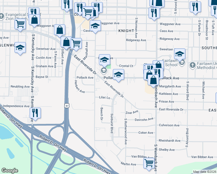 map of restaurants, bars, coffee shops, grocery stores, and more near 1511 East Riverside Drive in Evansville