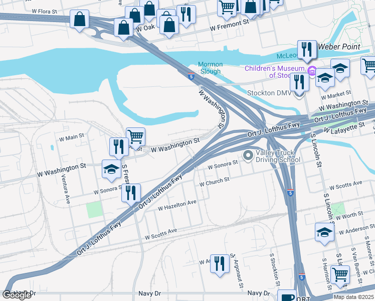 map of restaurants, bars, coffee shops, grocery stores, and more near 207-219 Garfield Ave in Stockton