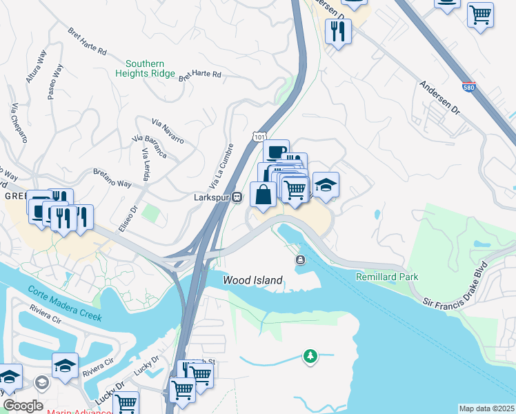 map of restaurants, bars, coffee shops, grocery stores, and more near 601 Larkspur Landing Circle in Larkspur