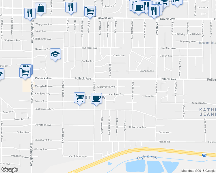 map of restaurants, bars, coffee shops, grocery stores, and more near Margybeth Avenue in Evansville