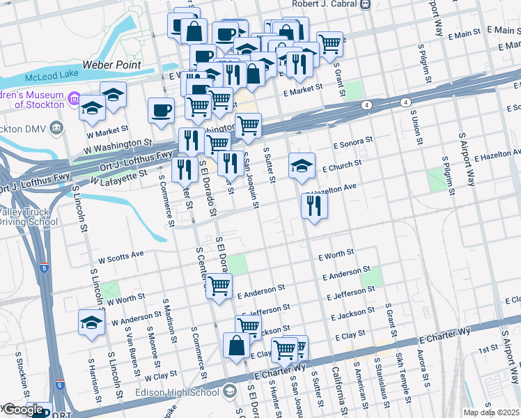 map of restaurants, bars, coffee shops, grocery stores, and more near 308 E Hazelton Ave in Stockton