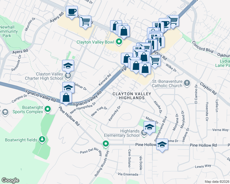 map of restaurants, bars, coffee shops, grocery stores, and more near 5442 Michigan Boulevard in Concord